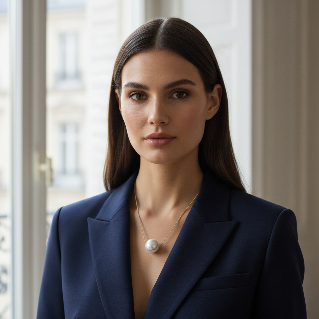 Woman wearing a navy blazer with a pearl necklace in a softly lit room.