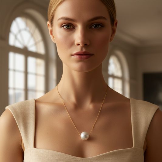 Woman wearing the Perla Sphere Statement Necklace in a softly lit room