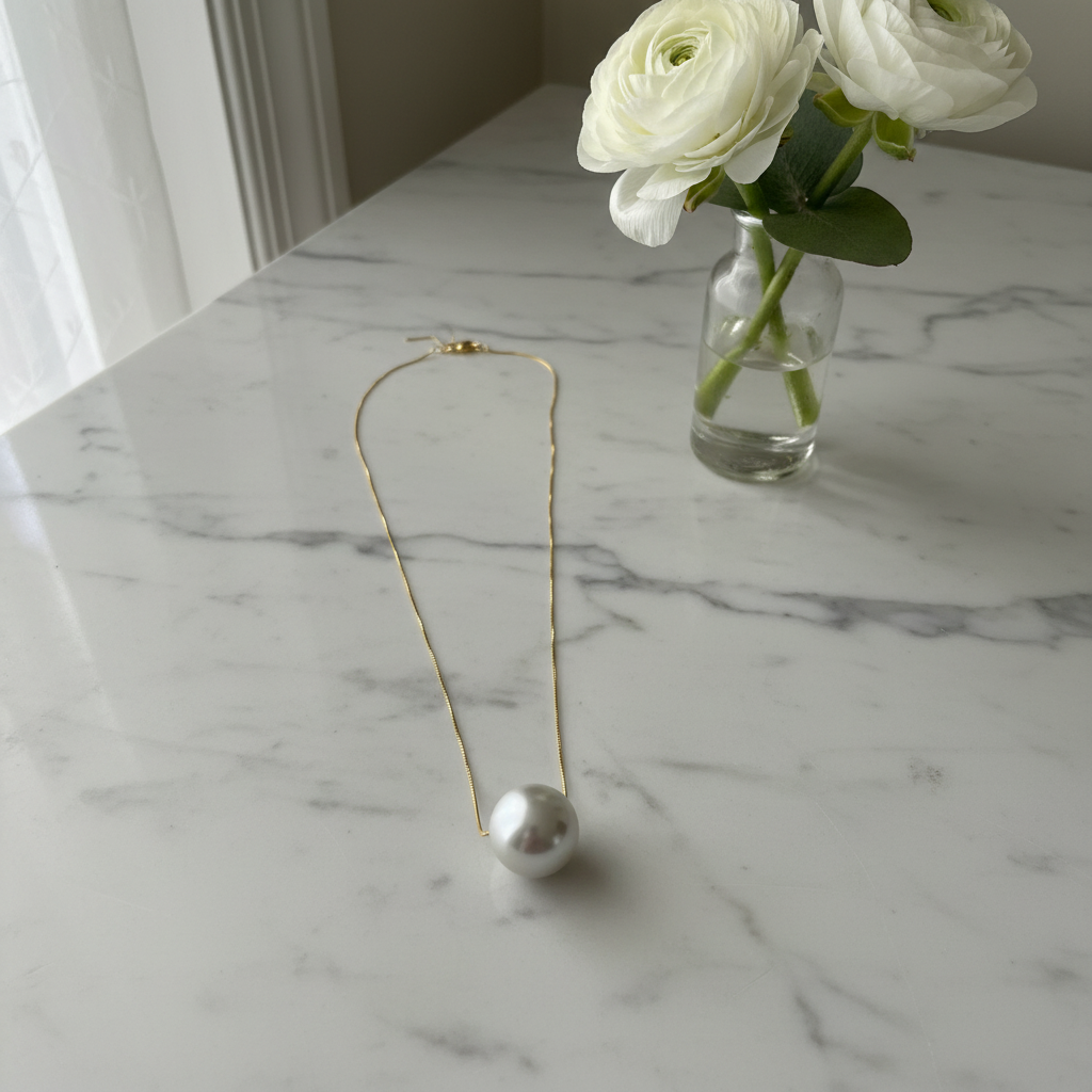 Pearl necklace on a marble surface with a vase of white flowers.