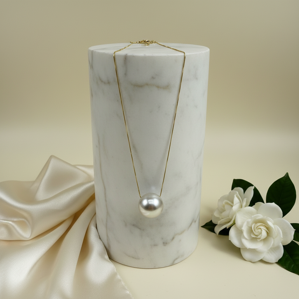 Marble-patterned pendant with gold chain on a beige background