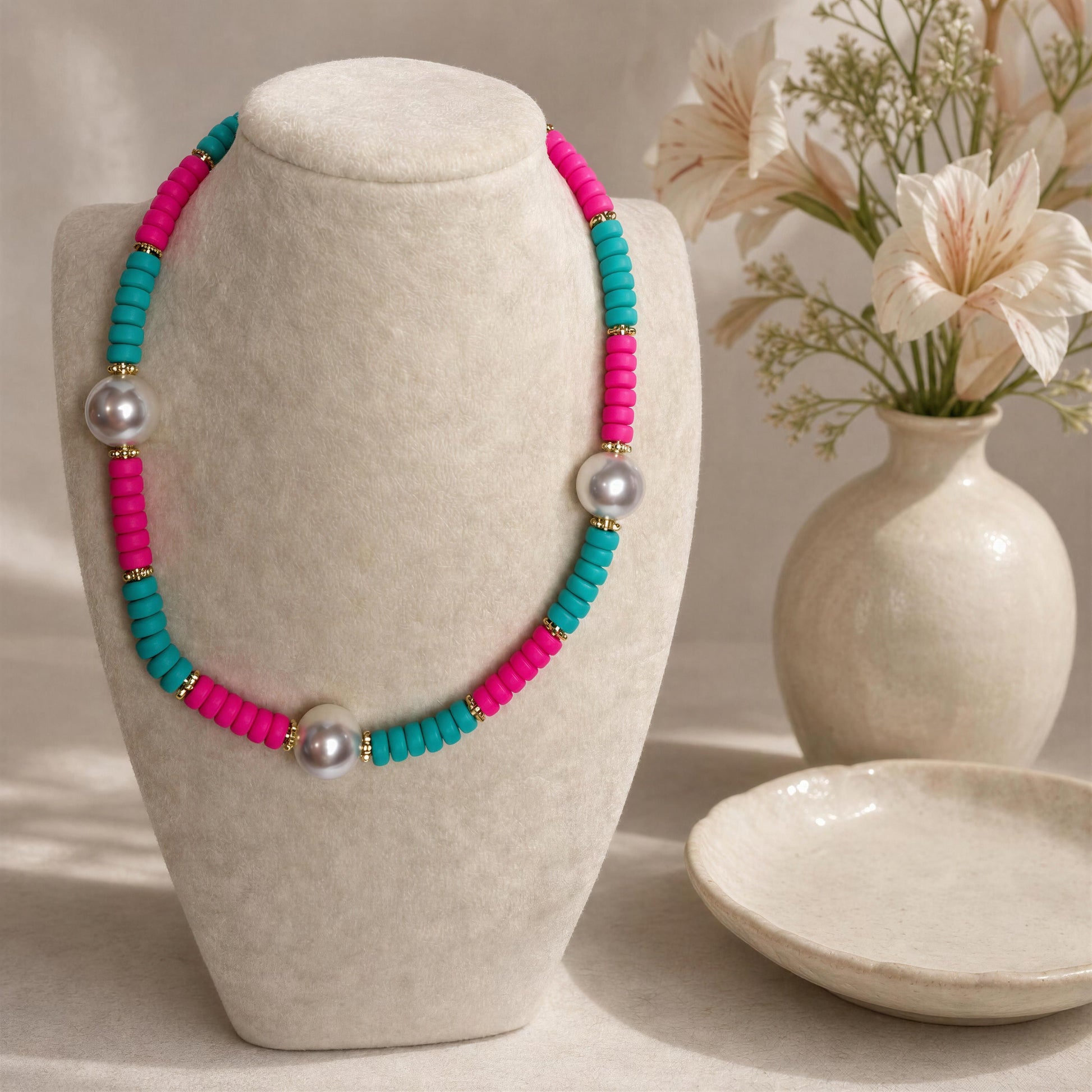 Necklace with pink and blue beads on a mannequin bust with a vase of flowers in the background