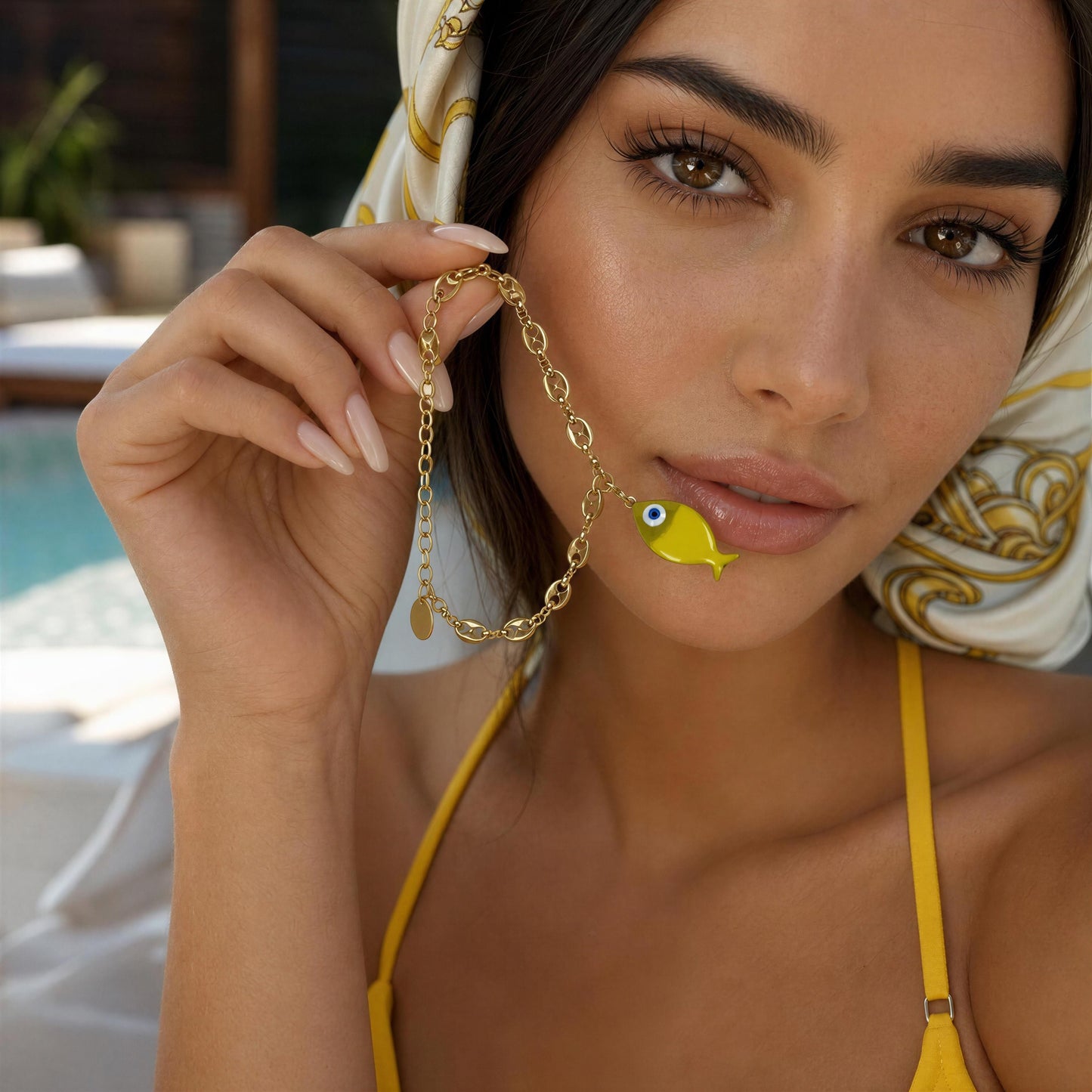 Woman wearing the Pesca Banana Bracelet, poolside setting