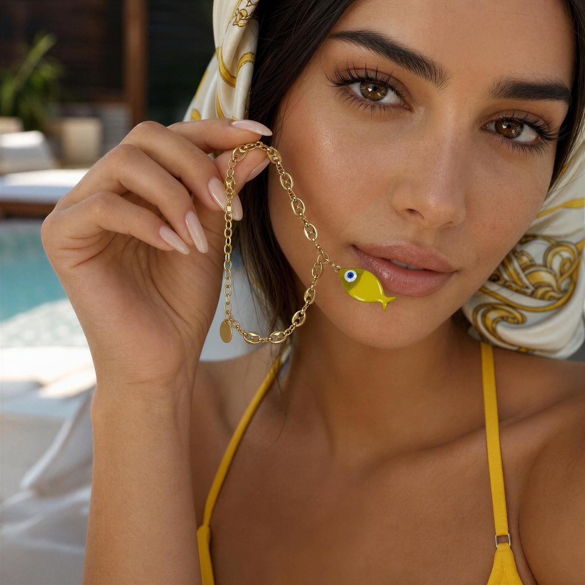 Woman wearing the Pesca Banana Bracelet, poolside setting