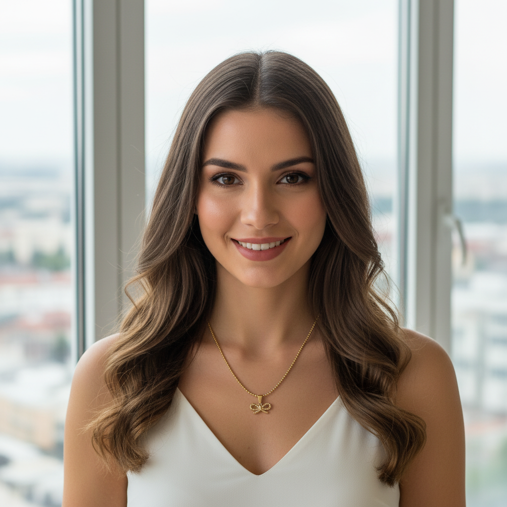 Woman with long wavy hair wearing a gold Chica Chica Jewelry necklace in front of large windows with a cityscape view.