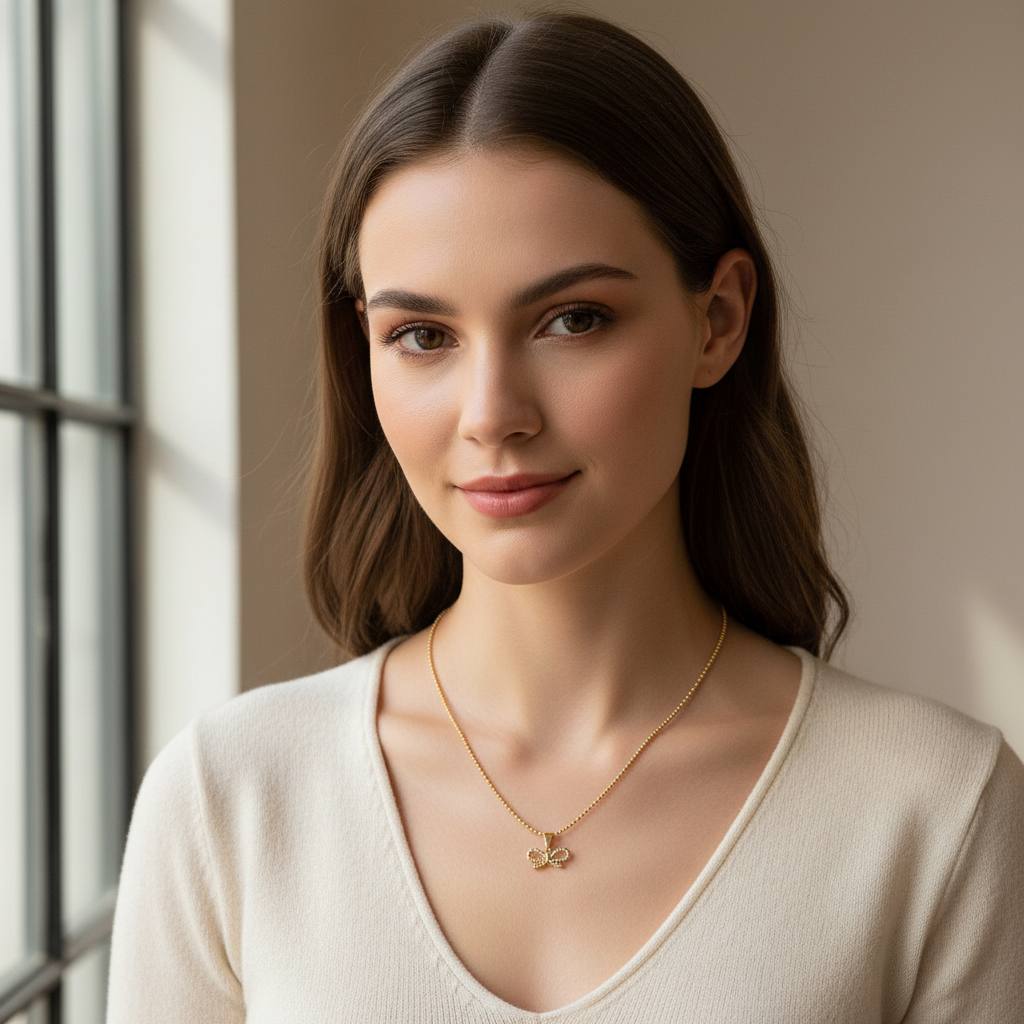 Woman wearing a gold Chica Chica Jewelry necklace with a pendant indoors