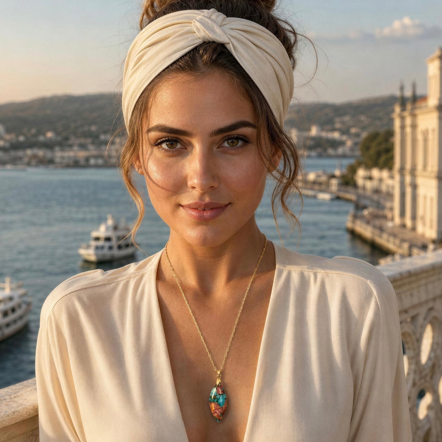 A woman wearing a cream-colored twisted headband and a matching cream blouse, accessorized with the Pietra Alba Natural Stone Necklace, set against a scenic background of a coastal city and water.