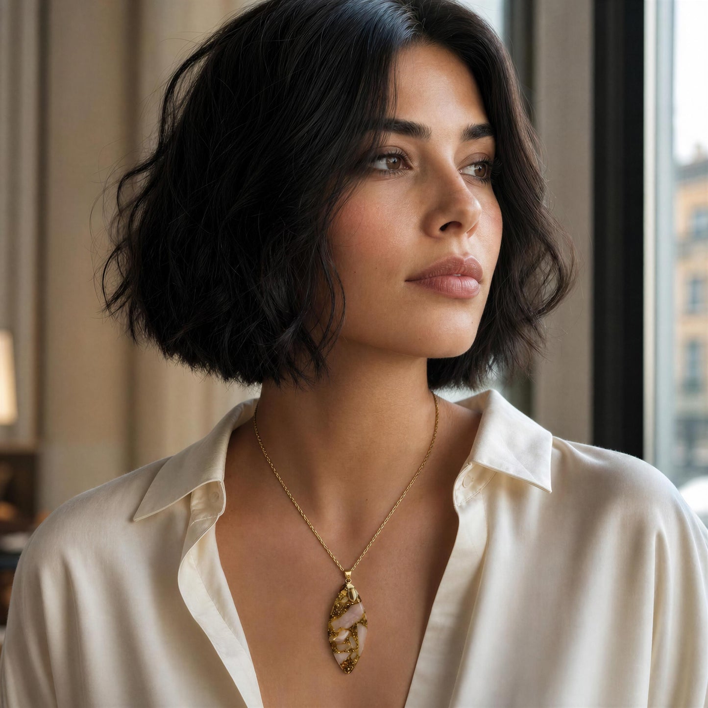 A woman with a short dark wavy bob wears a gold pendant necklace with a textured, organic-shaped charm, paired with a cream-colored satin shirt. She is photographed in a softly lit indoor setting near a window.