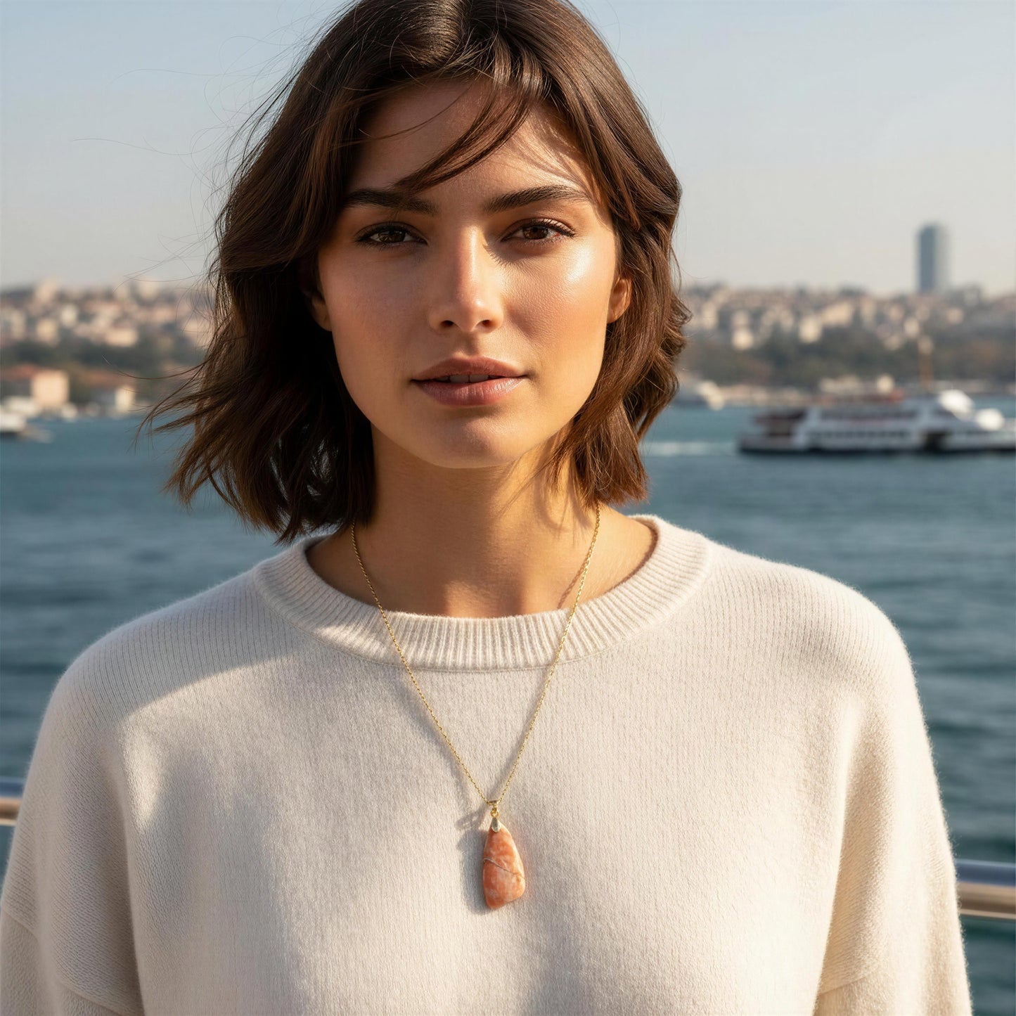 A woman with short brown hair wearing a cream knit sweater and a gold pendant necklace with a teardrop-shaped coral stone, photographed outdoors with a waterfront cityscape in the background.