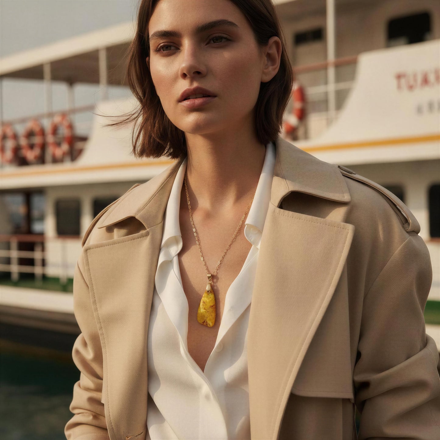 A woman wearing a beige trench coat over a white blouse, featuring the Pietra Sole Natural Stone Necklace, a gold chain necklace with a polished yellow stone pendant, set against a blurred background of a white passenger ship.