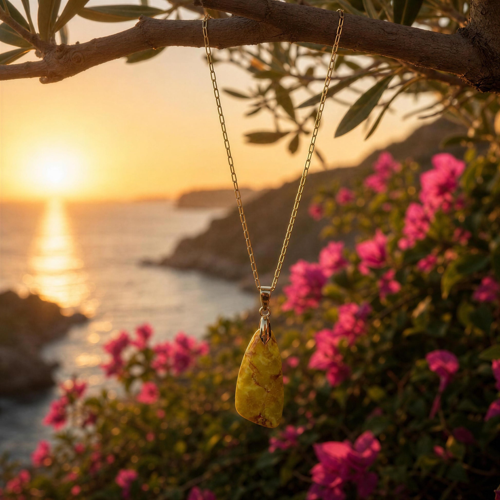 The Pietra Sole Natural Stone Necklace, a gold paperclip 18k gold plated chain necklace with a yellow-green stone pendant hangs from an olive tree branch outdoors at sunset, with ocean water, dark rocks, and pink flowers in the background.