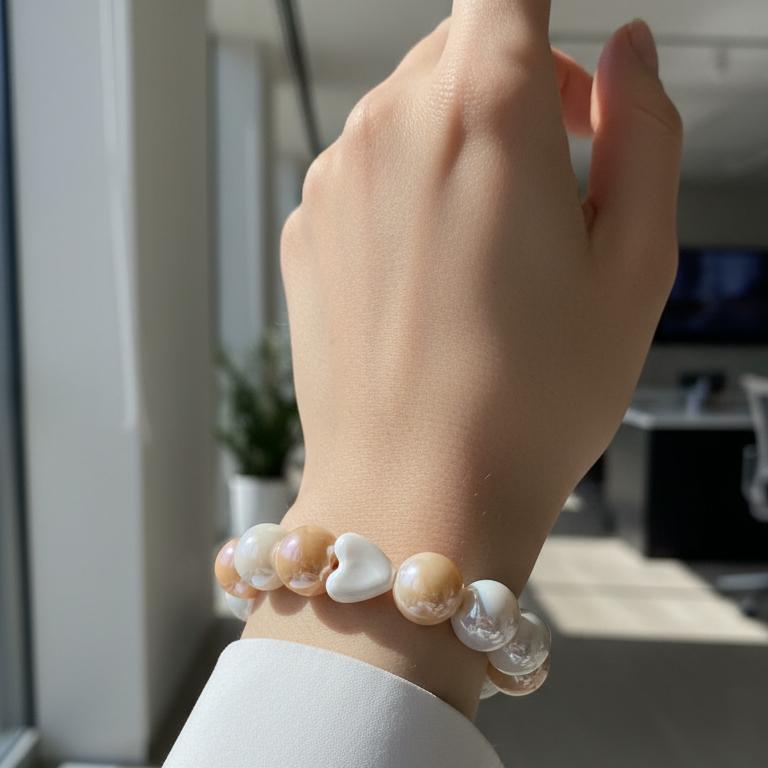 Close-up detail of the Powder Pink Amore Bracelet highlighting 16mm opalescent powder pink beads and ceramic heart centerpiece