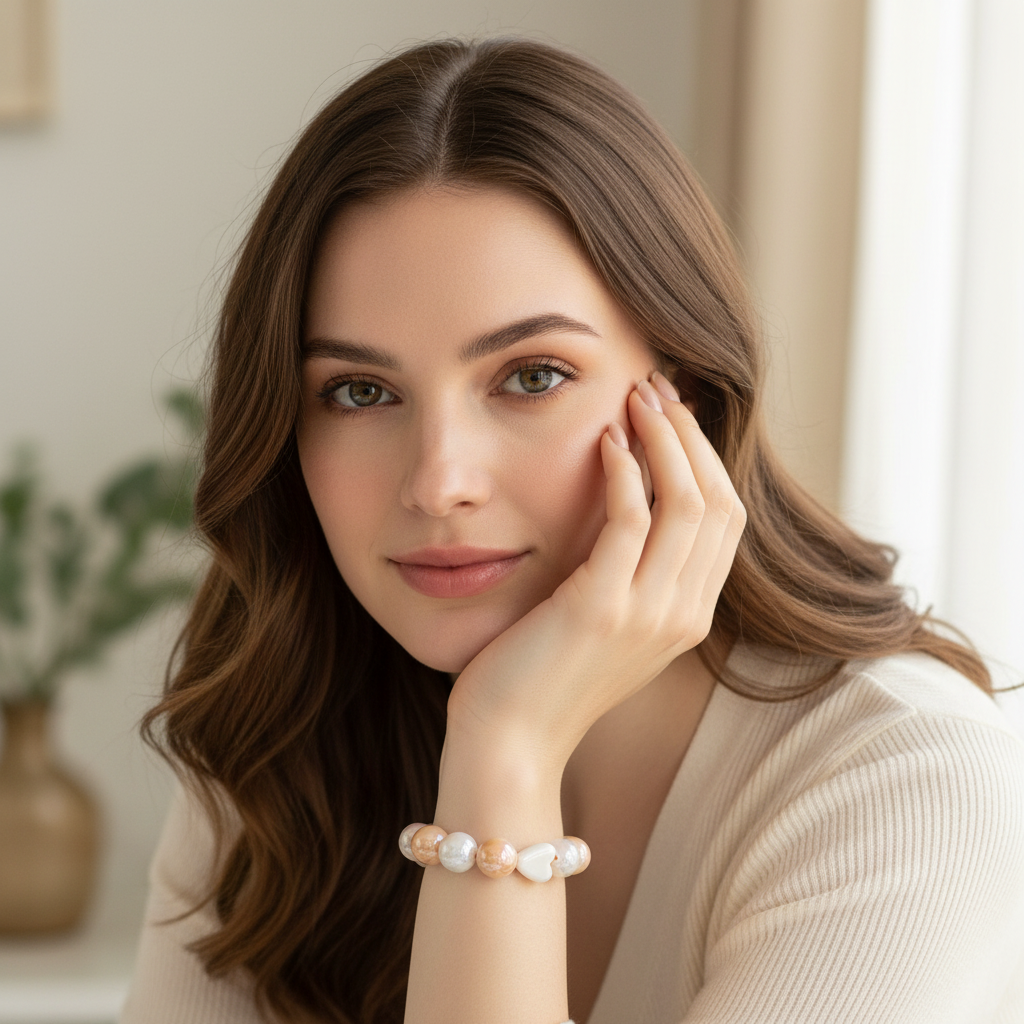 Model wearing the Powder Pink Amore Bracelet with opalescent powder pink beads and a ceramic white heart centerpiece.