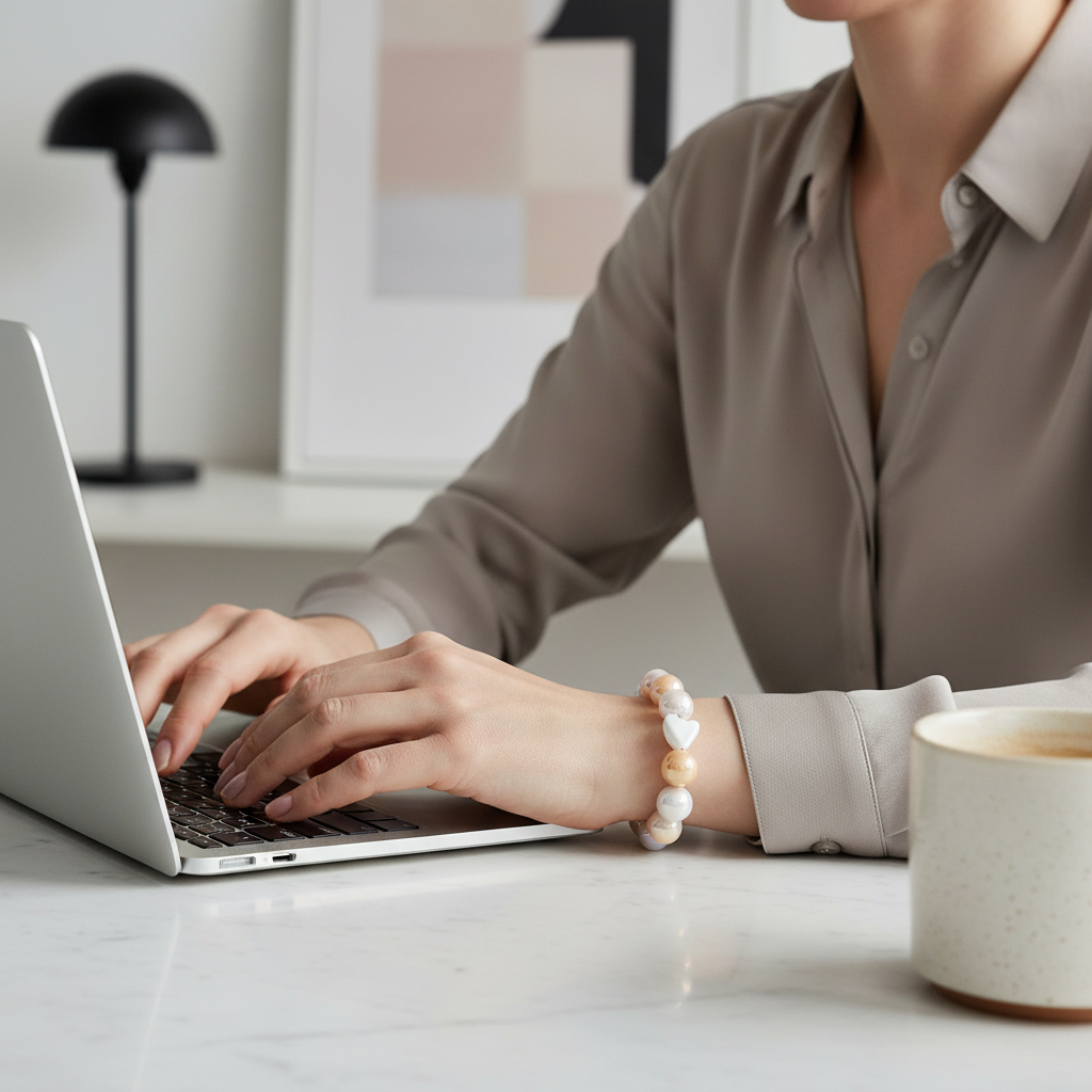 Powder Pink Amore Bracelet worn during everyday activity, showing stretch fit and lightweight design
