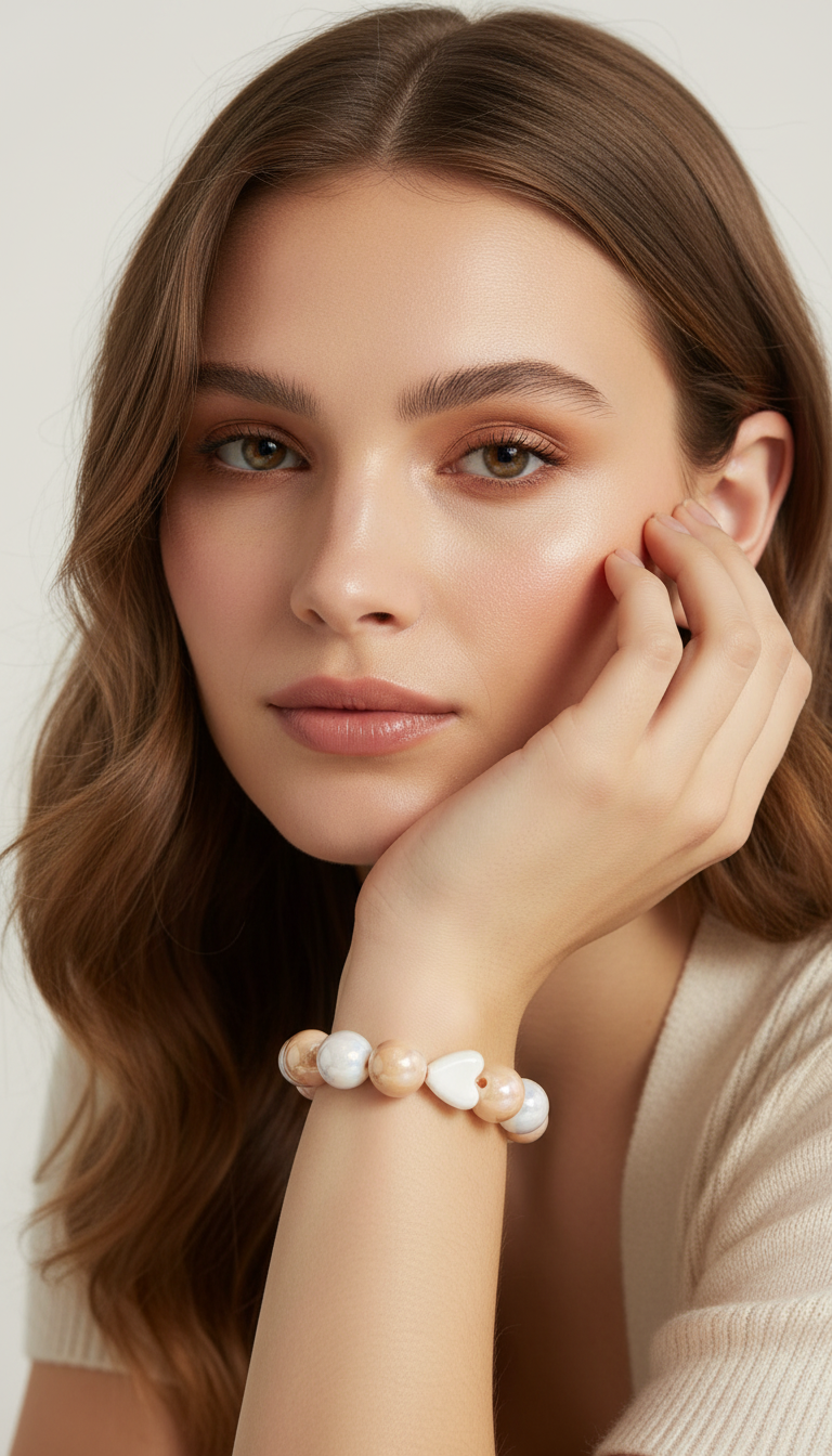 Close-up of model wearing the Powder Pink Amore Bracelet featuring opalescent acrylic beads and a white ceramic heart