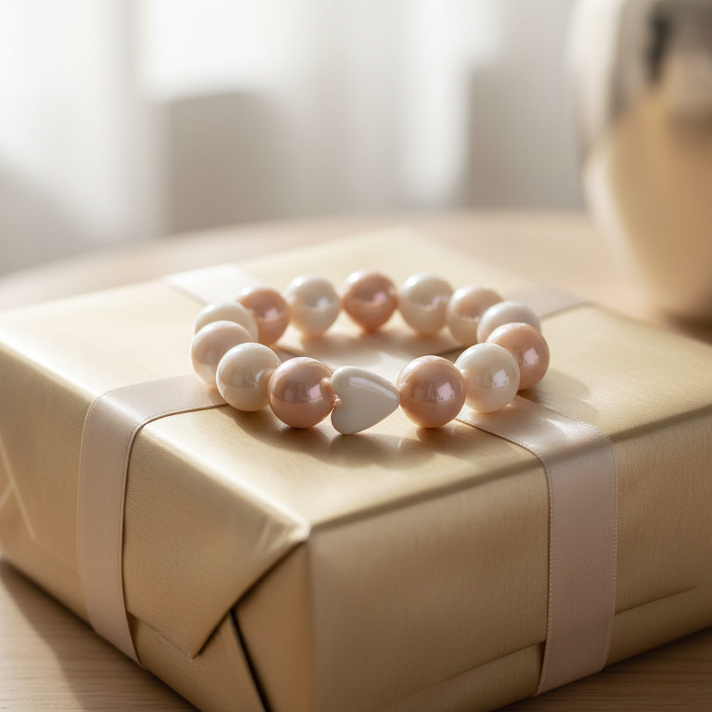Powder Pink Amore Bracelet styled on gift box, featuring opalescent beads and ceramic white heart charm