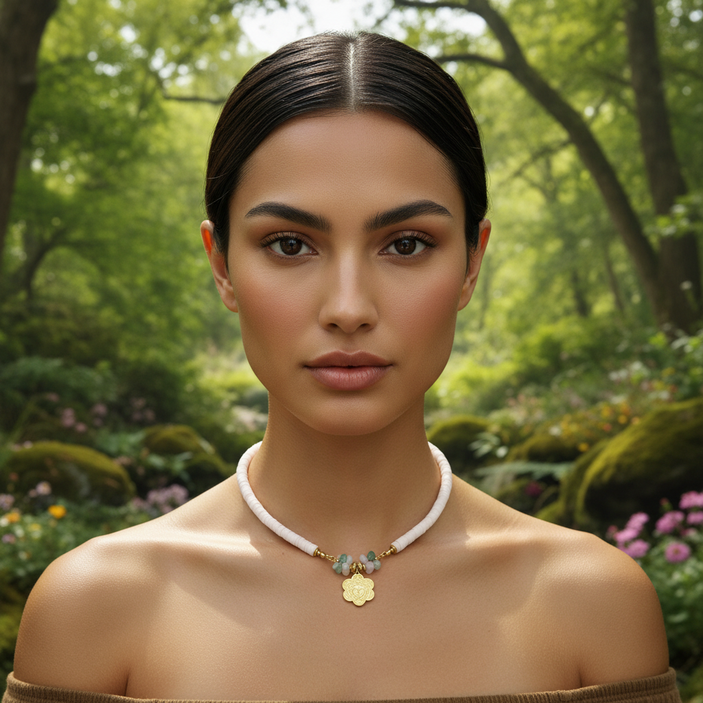 Woman wearing the Pure Beauty Necklace in a forest setting