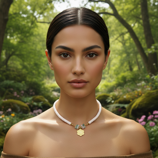 Woman wearing the Pure Beauty Necklace in a forest setting
