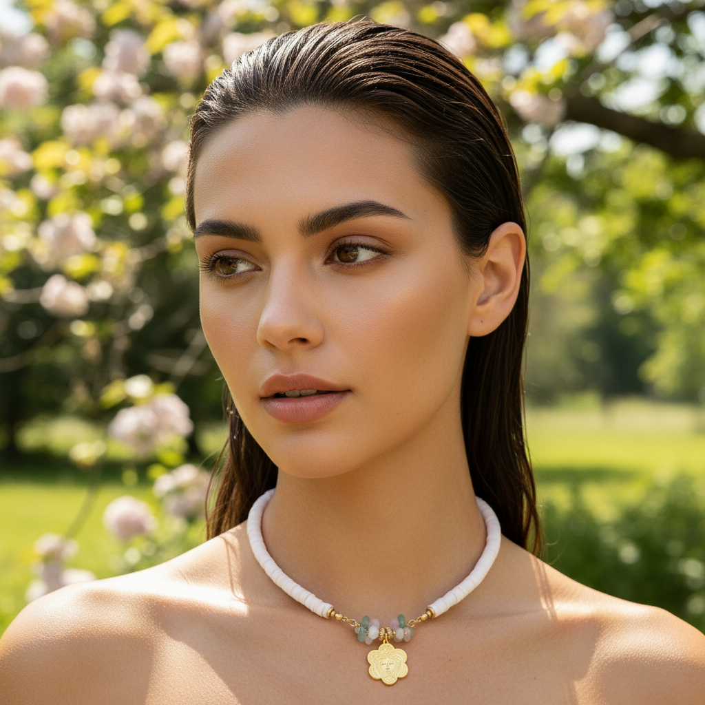 Woman wearing the Pure Beauty Necklace with a blurred floral background