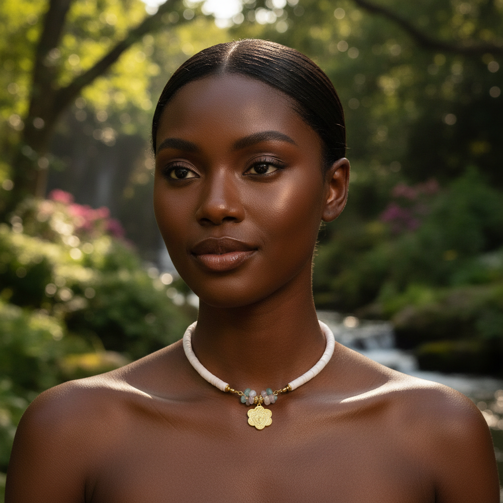 Woman wearing the Pure Beauty Necklace with a natural background
