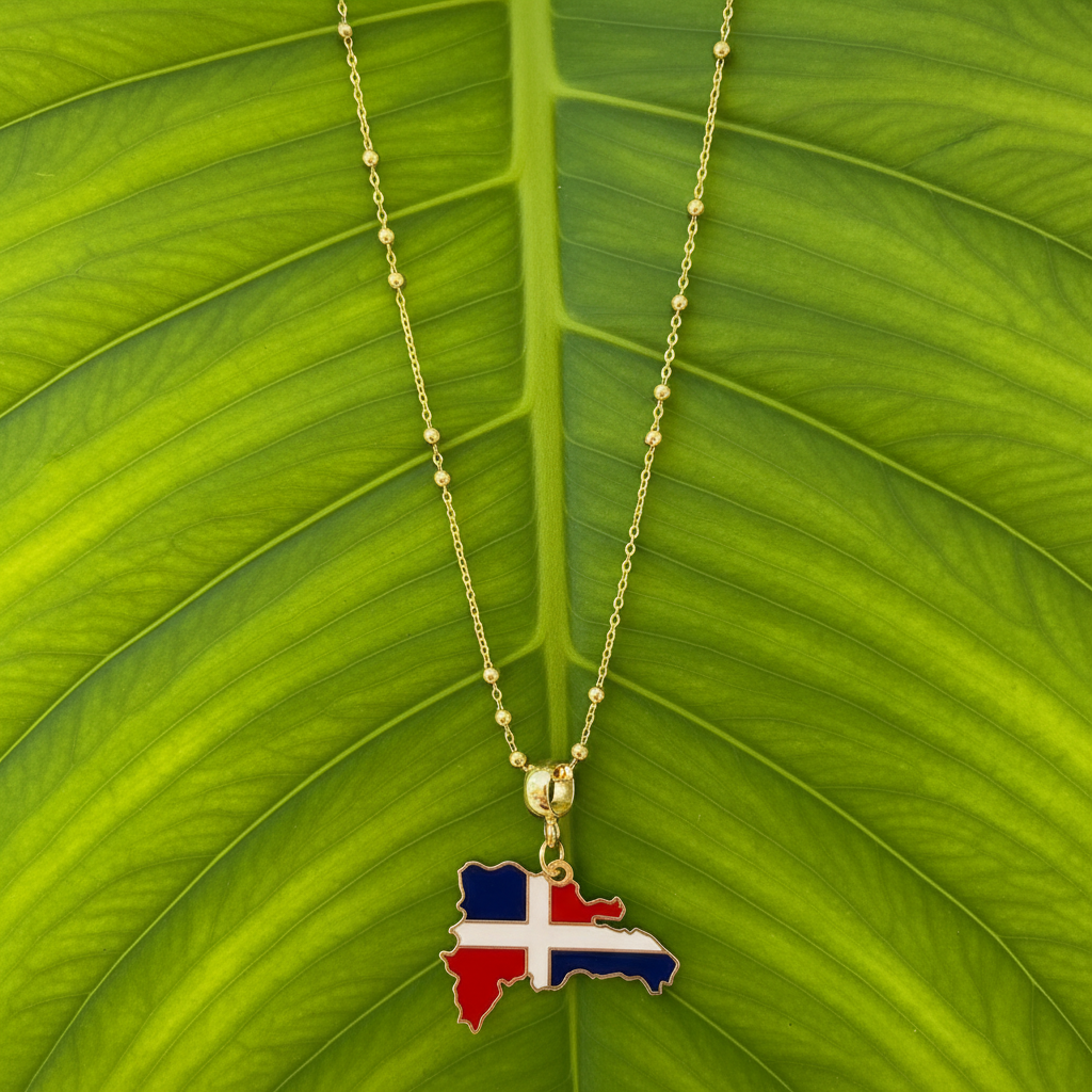 The Quisqueya Necklace with the Dominican Republic  map pendant on a green leaf