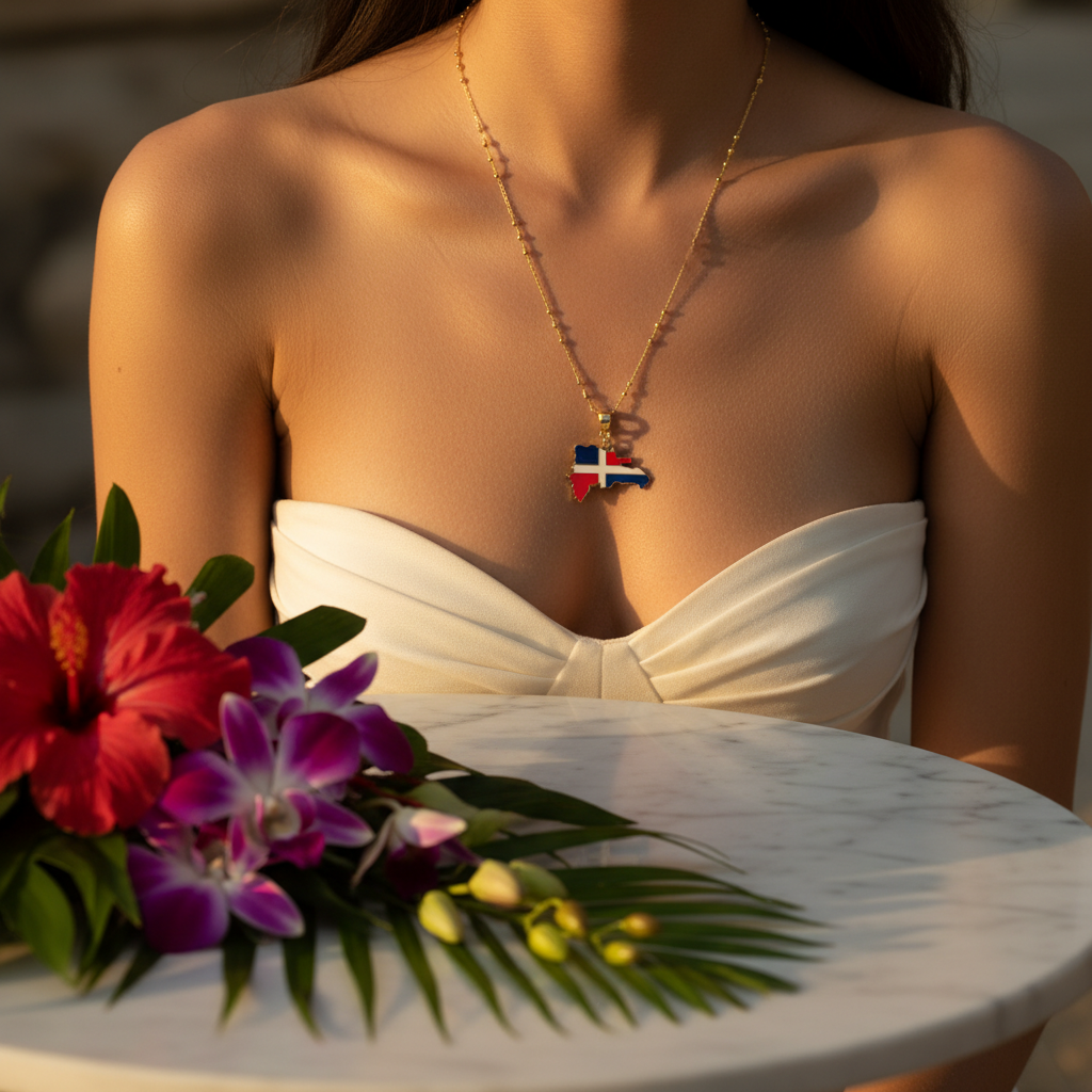 Woman holding a bouquet of flowers wearing a necklace with a small flag pendant.