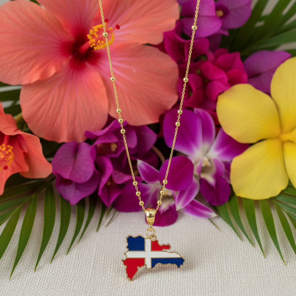The Quisqueya Necklace with a map pendant against a floral background