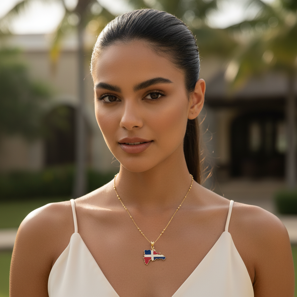 Woman wearing the Quisqueya Necklace with at the Dominican Republic flag pendant outdoors.