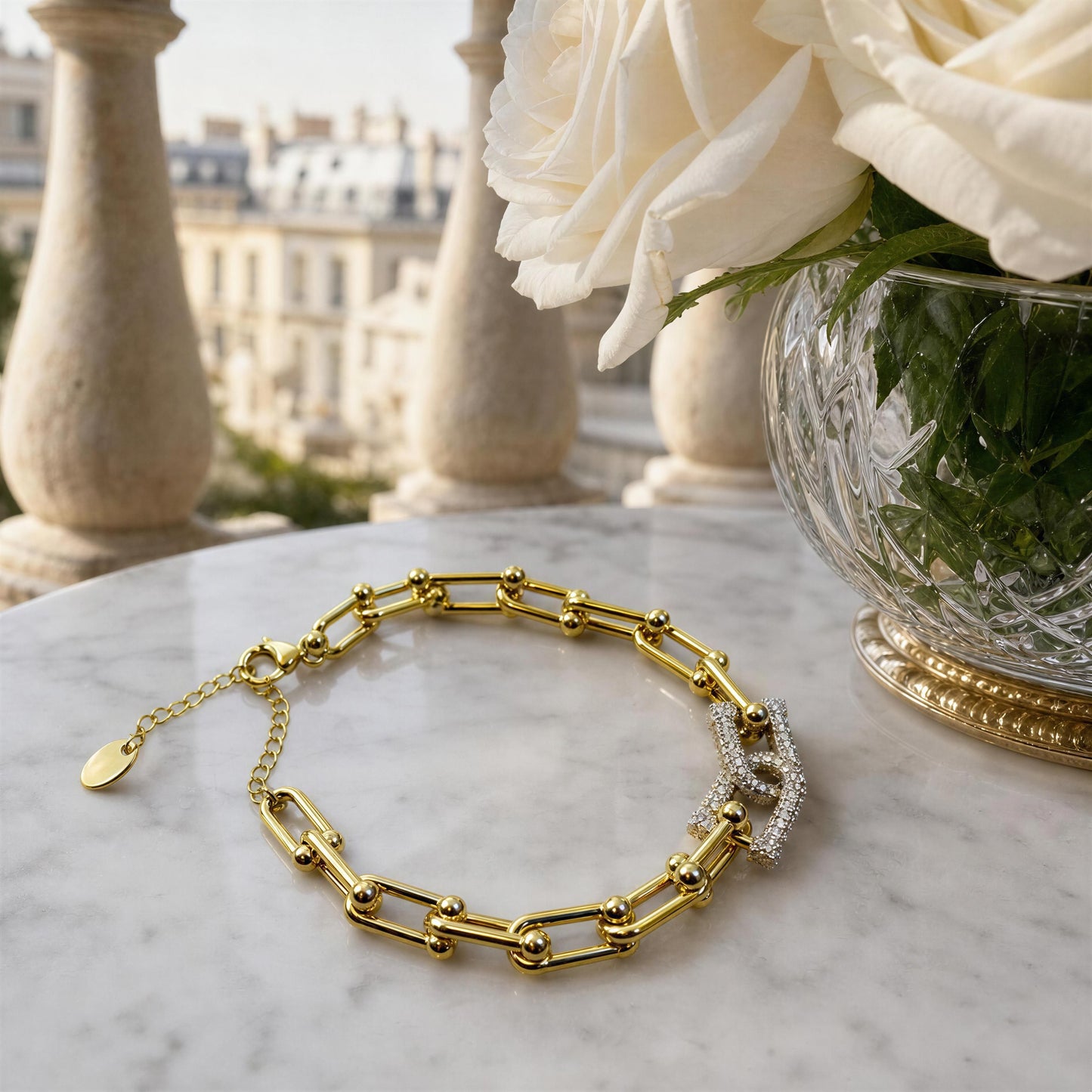 Radiance Link Bracelet with 18K gold-plated links and silver-tone pavé zircon centerpiece