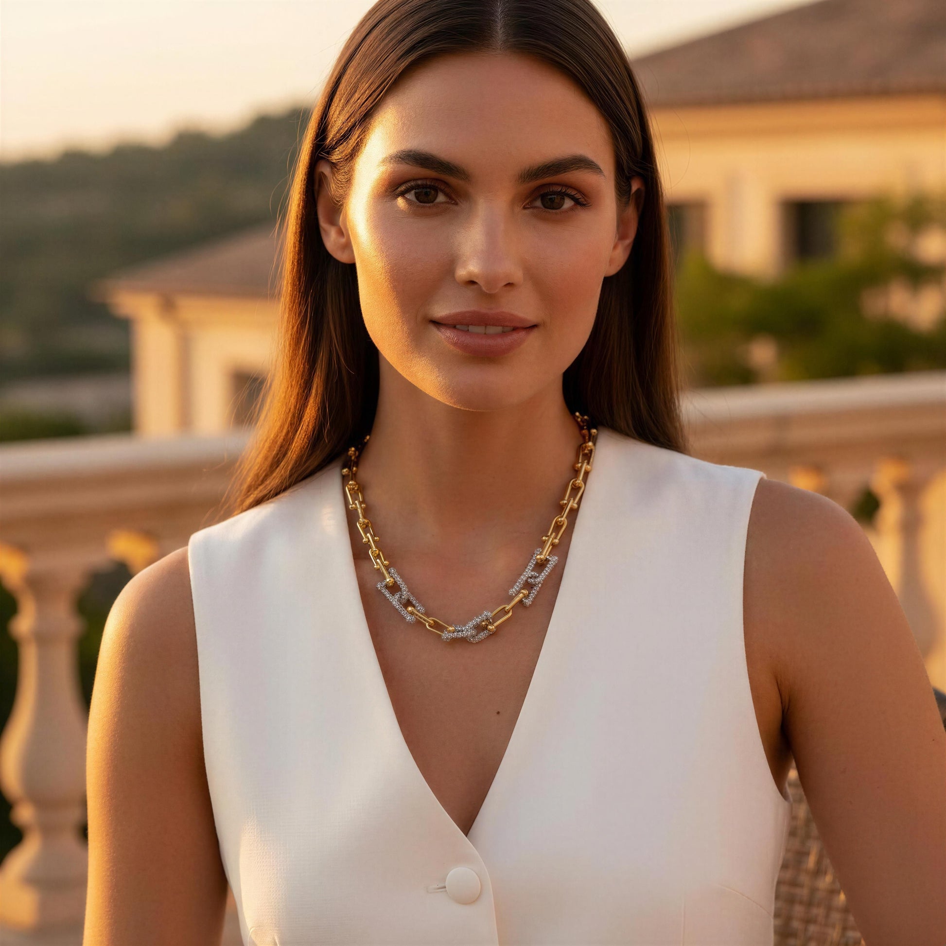 Woman wearing a white sleeveless top and the Radiance Link Necklace  outdoors with a blurred background