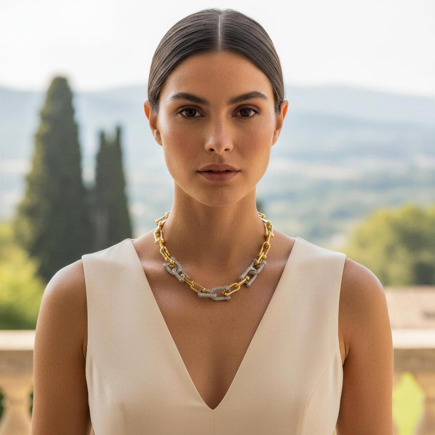 Woman wearing the Radiance Link Necklace with a scenic background