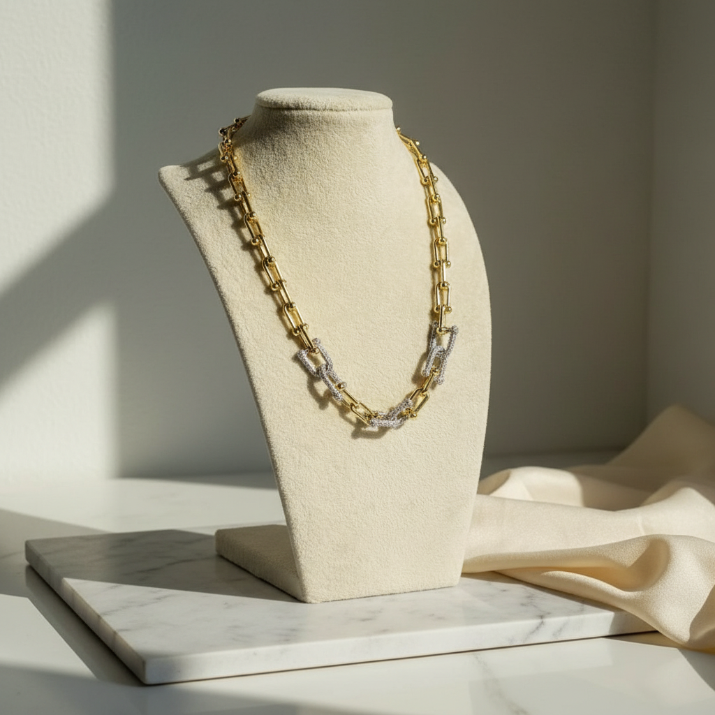 The Radiance Link Necklace on a beige bust against a neutral background