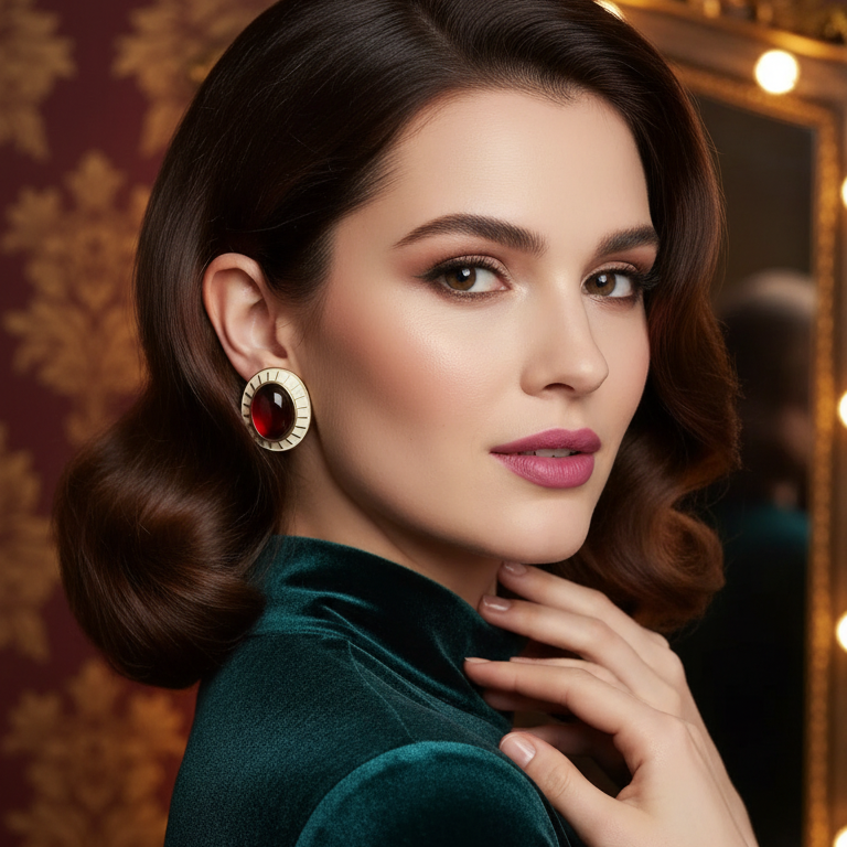 Woman in a green dress with a decorative background wearing Chica Chica Jewelry studs 