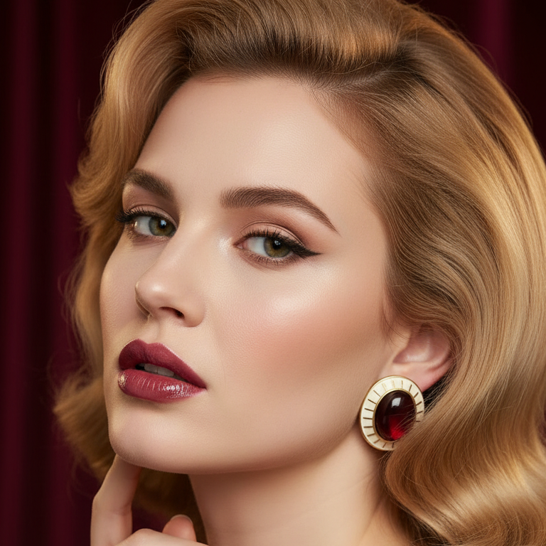 Woman wearing a burgundy dress with a red Chica Chica Jewelry earring against a red curtain background 