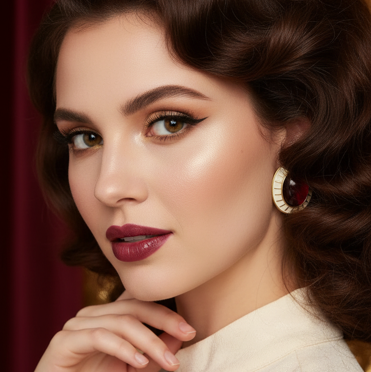 Close-up of a woman with vintage-style makeup and hair, wearing a gold earring from Chica Chica Jewelry 