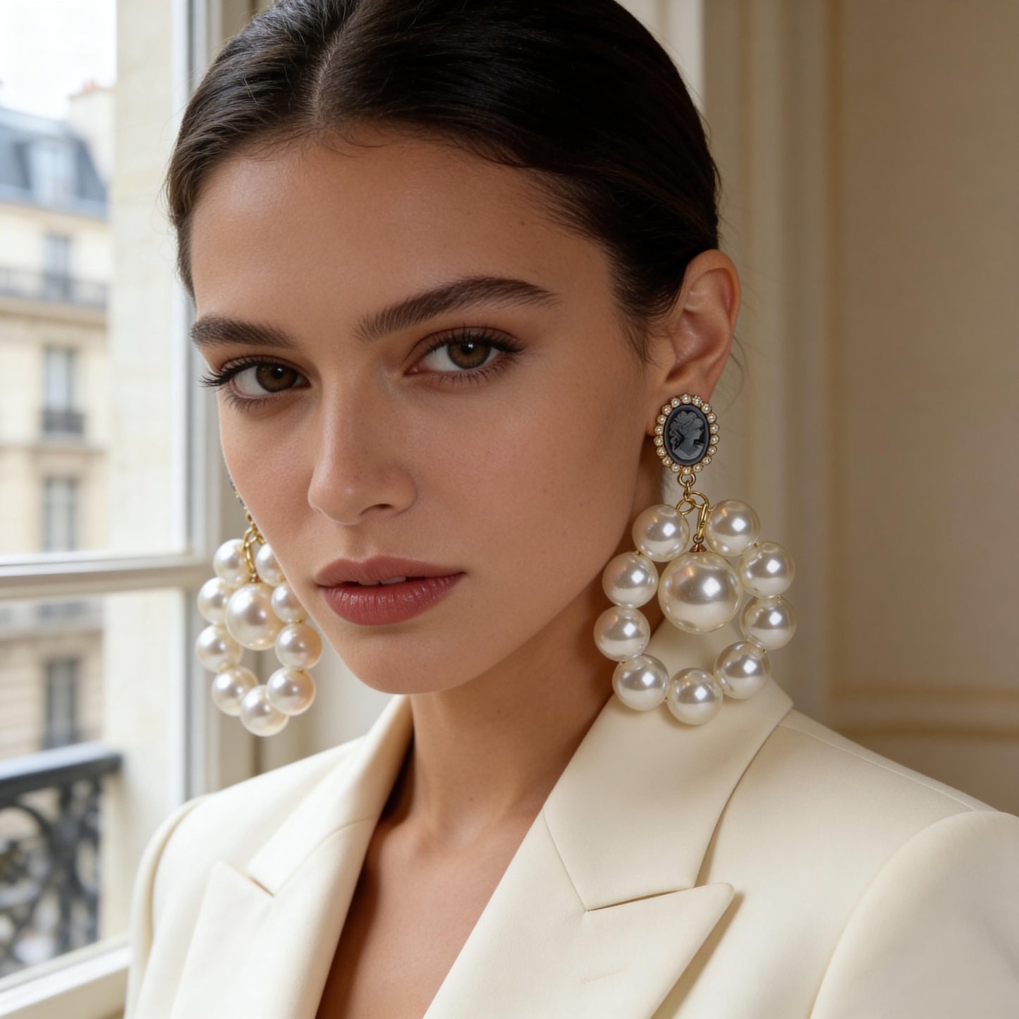 Woman wearing large pearl earrings in an elegant indoor setting