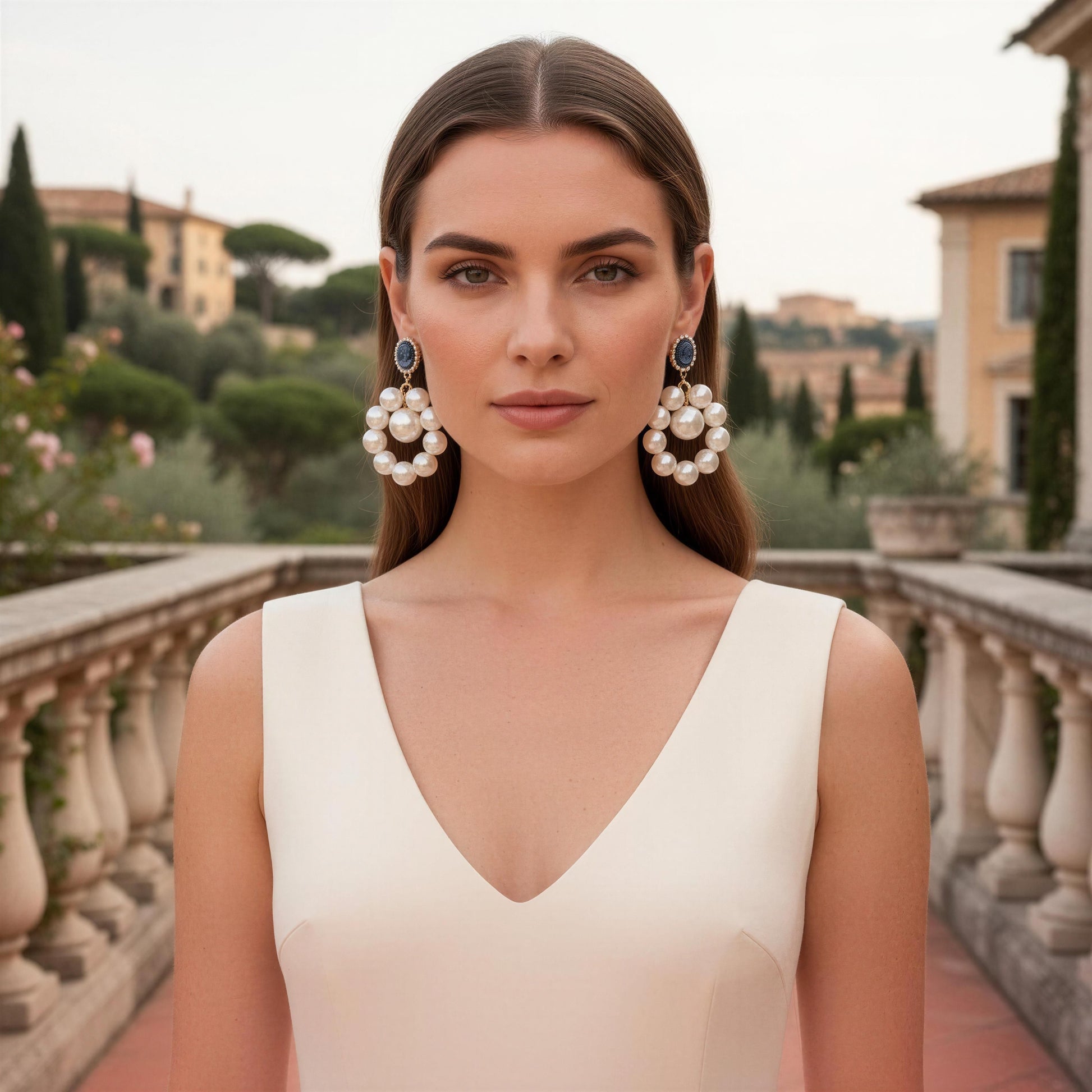 Woman wearing pearl earrings with a scenic background