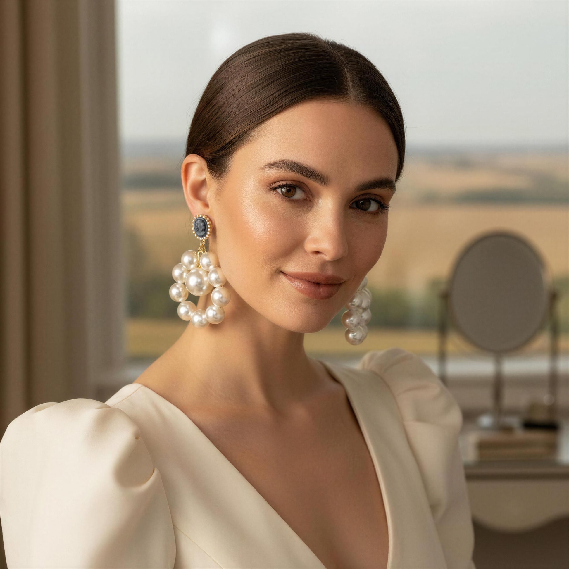 Woman wearing elegant earrings in a softly blurred indoor setting