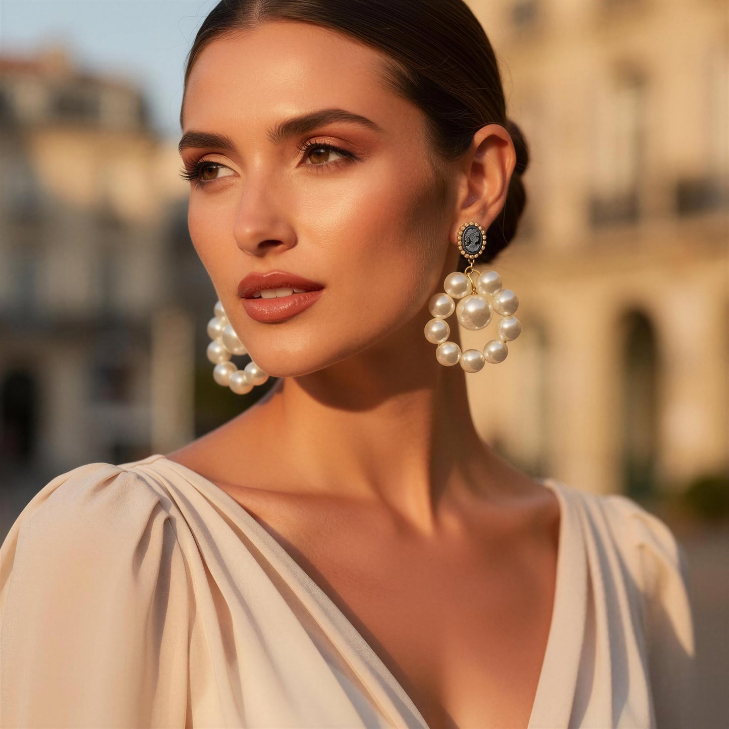 Woman wearing large pearl earrings with a blurred architectural background