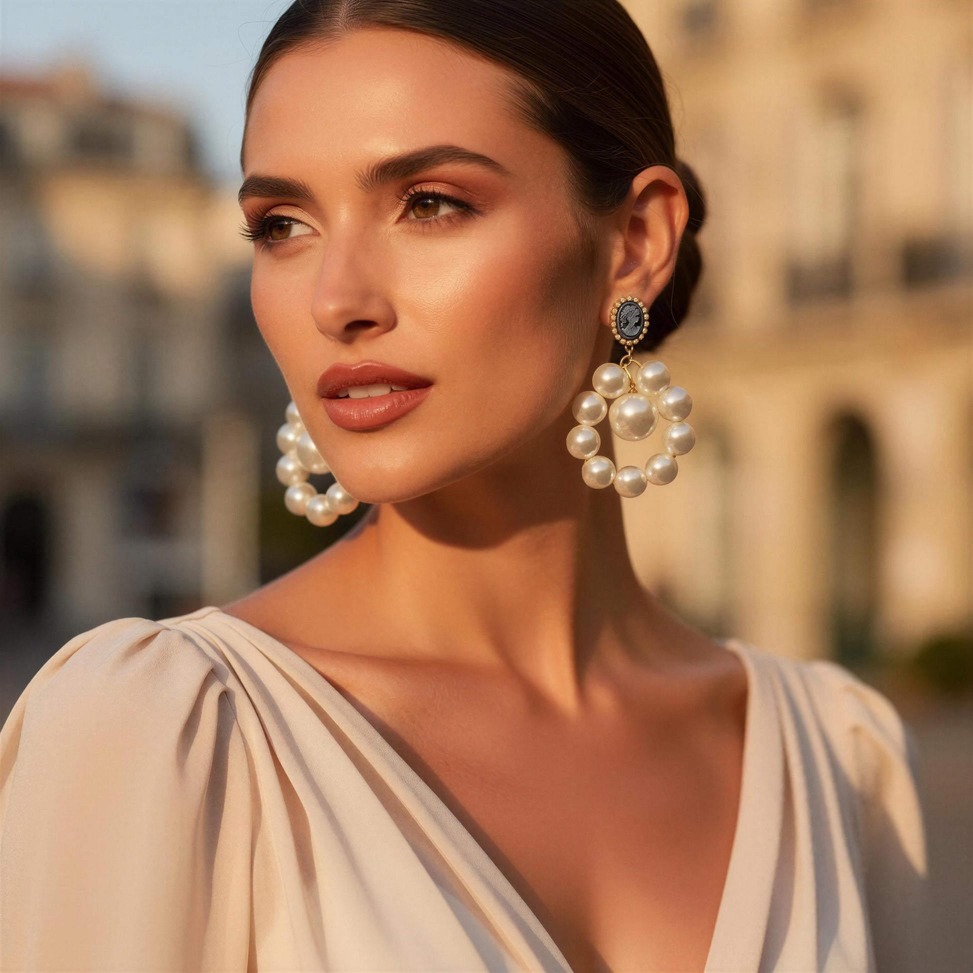 Woman wearing large pearl earrings with a blurred architectural background