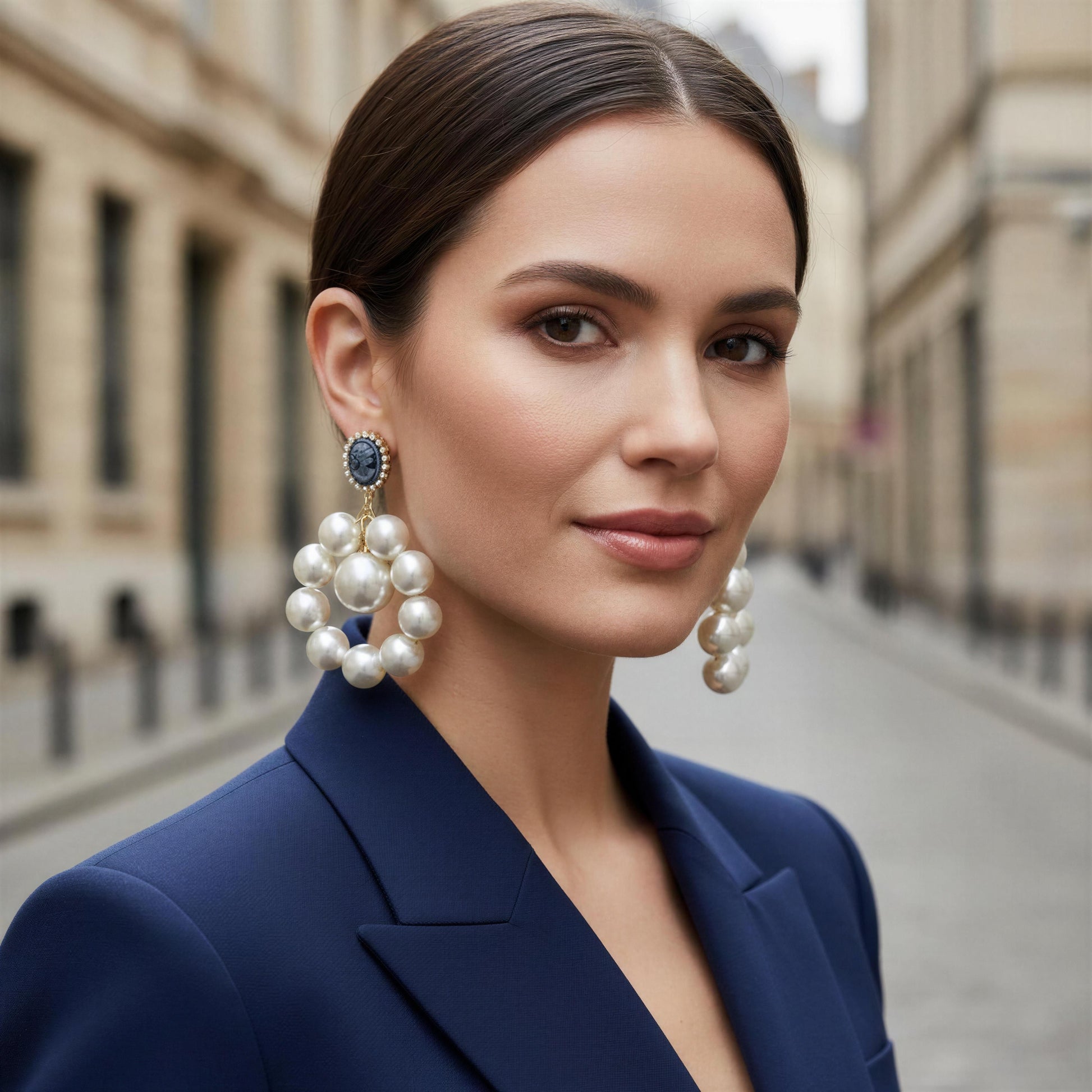 Woman wearing large pearl earrings in an urban setting