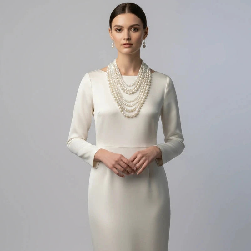 Woman wearing a white dress and multiple pearl necklaces against a gray background