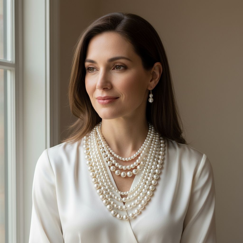 Woman wearing the Regal Symphony Pearl Seta  indoors