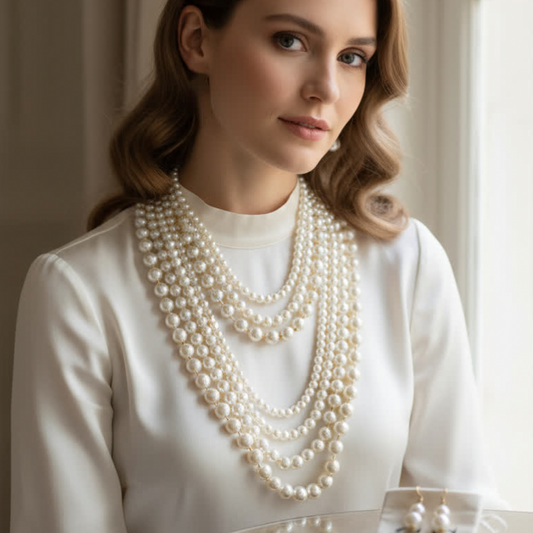Woman wearing a multiple-layered pearl necklace against a neutral background
