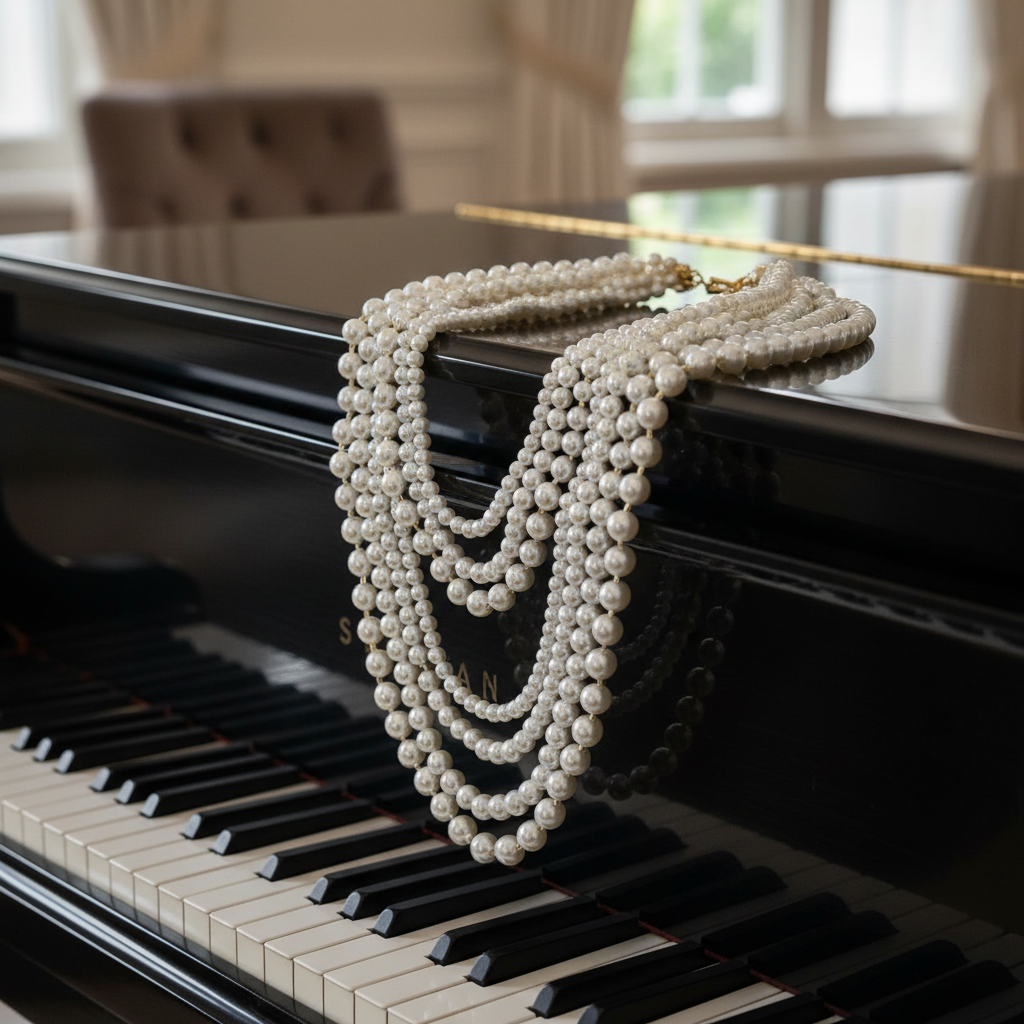 Multiple pearl necklaces draped over a piano from Chica Chica Jewelry