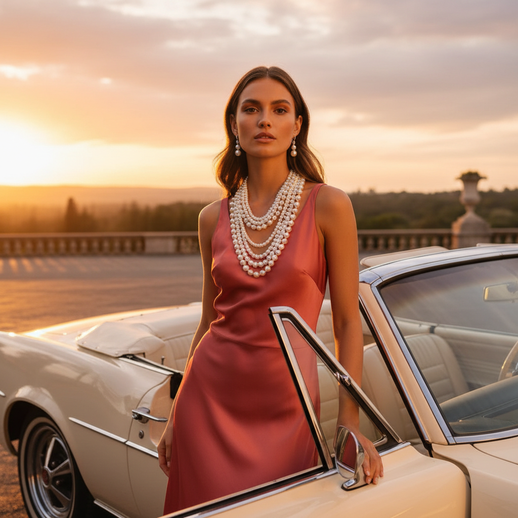Woman in a pink dress standing next to a vintage car at sunset wearing the Regal Symphony Pearl Set