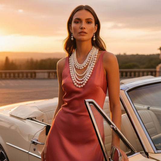 Woman in a pink dress standing next to a vintage car at sunset wearing the Regal Symphony Pearl Set