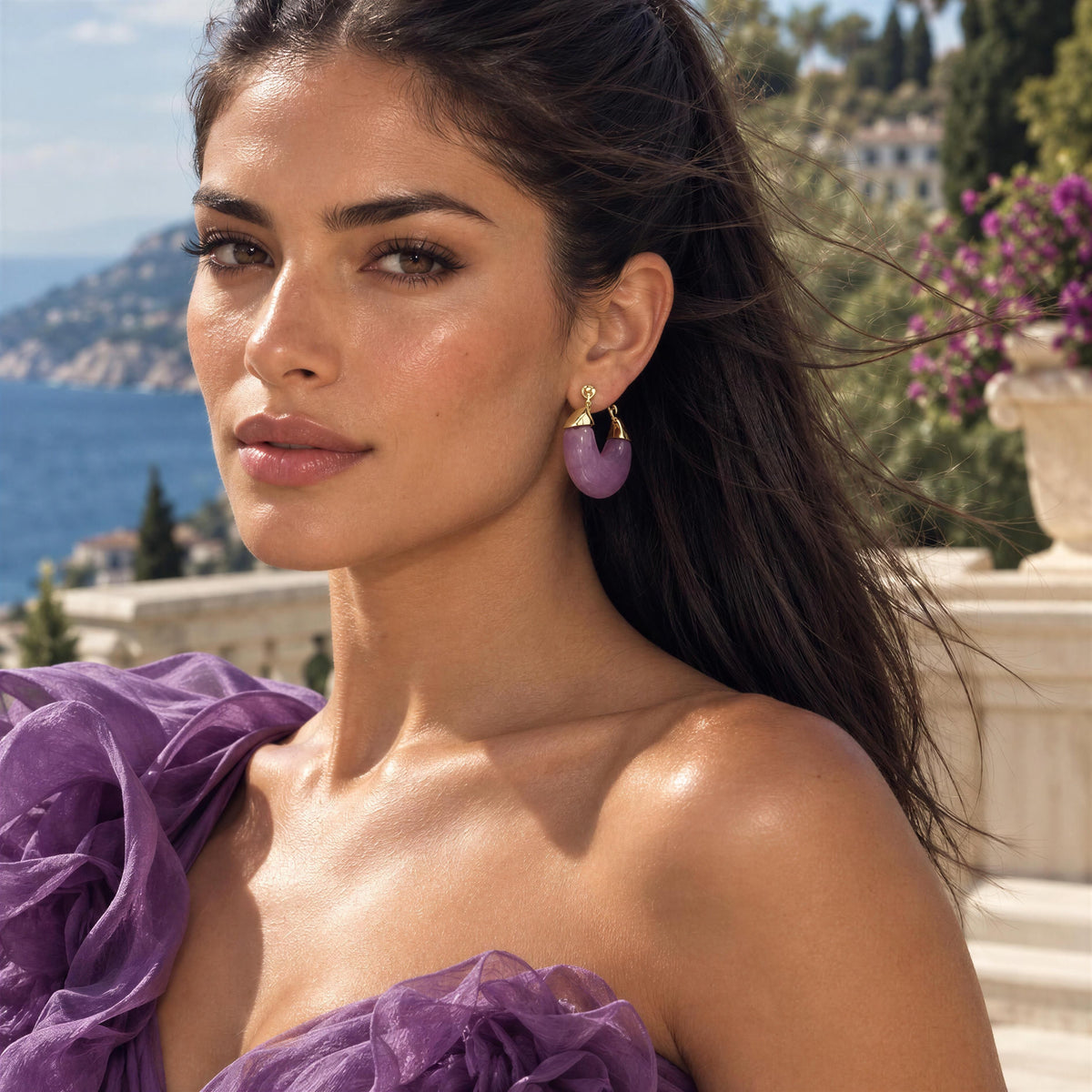 Model wearing a couture violet color dress and the Soraya Hoops – Violet from Chica Chica Jewelry 