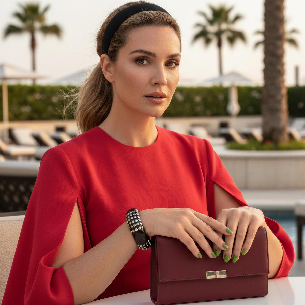 Model wearing a red dress holding a clutch with green nails and wearing the Rivoli Bangle from Chica Chica Jewelry.