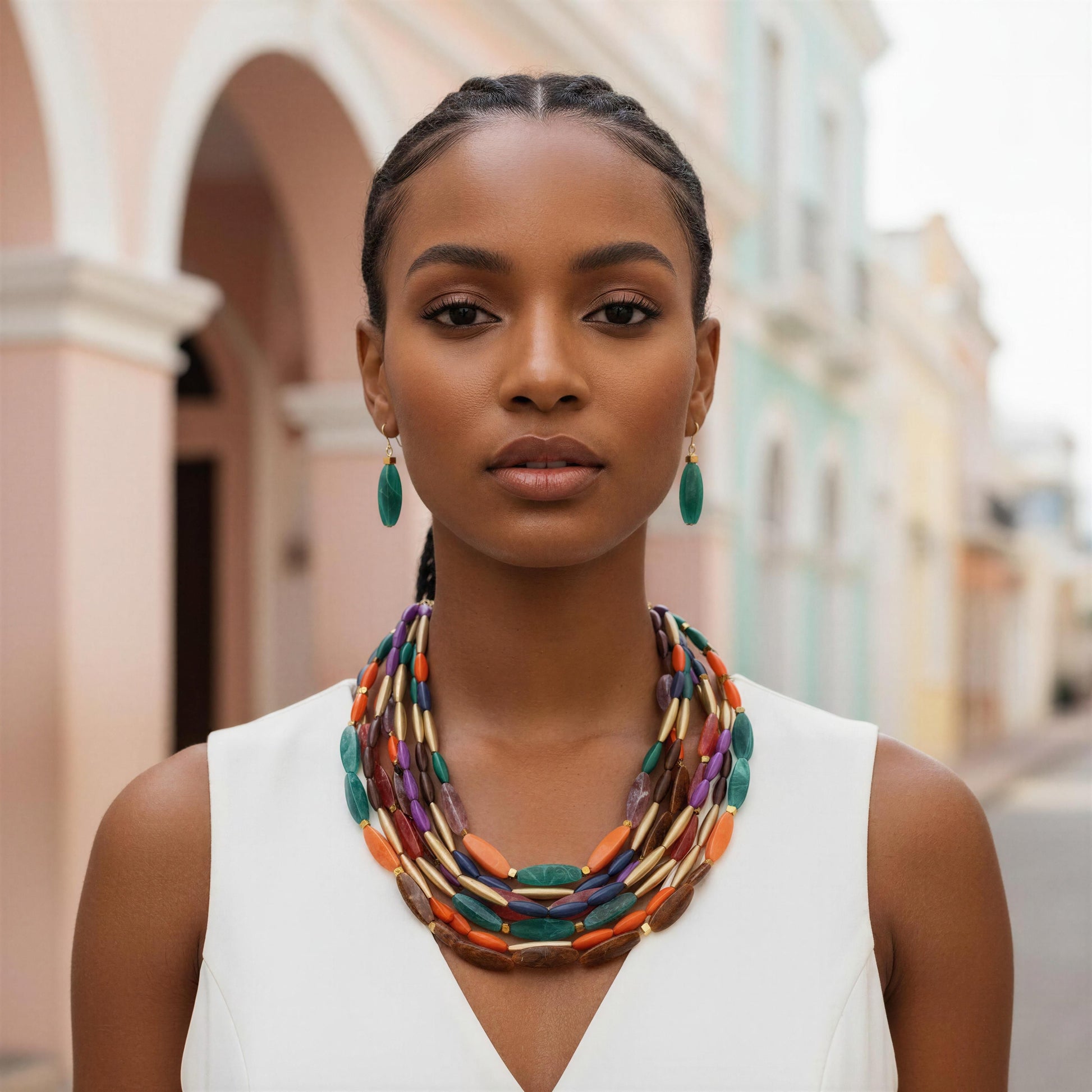 Woman wearing a the Riviera Mosaic Necklace Set  with a blurred street background