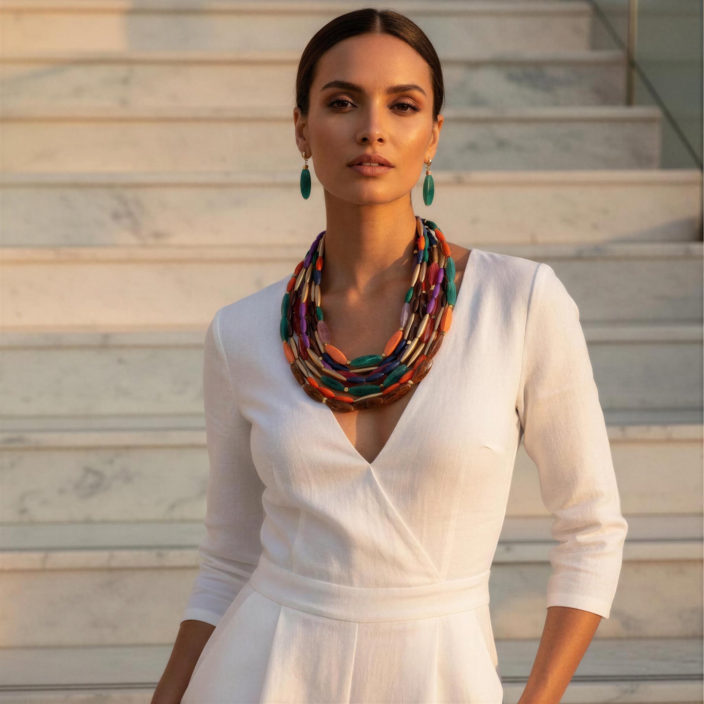 Woman wearing a colorful necklace and white dress on stone steps